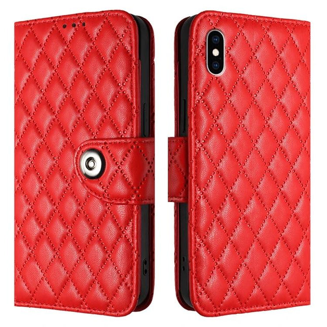 Leather Phone Case With Lanyard For Daily Protection And Hands Free Viewing On The Go - red quilted PU wallet case with built-in stand
