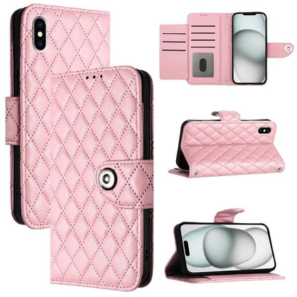 Leather Phone Case With Lanyard For Daily Protection And Hands Free Viewing On The Go - pink quilted PU folio with stand, card slots, and lanyard-ready loop