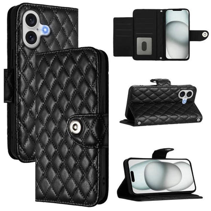 Leather Flip Case With Lanyard For Everyday Phone Use On The Go While You Commute And Run Errands - black quilted leather wallet case with stand and card slots