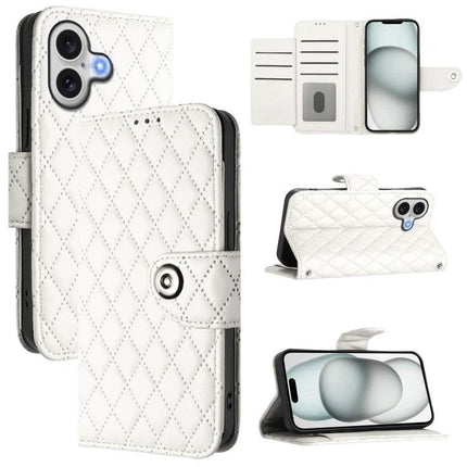Leather Flip Case With Lanyard For Everyday Phone Use On The Go While You Commute And Run Errands - white quilted PU wallet with stand and card slots