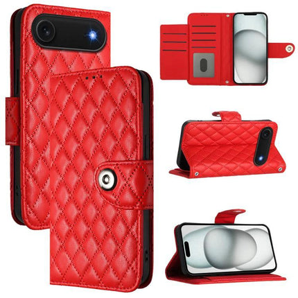 Leather Flip Case With Lanyard For Everyday Phone Use On The Go While You Commute And Run Errands - red quilted PU wallet case with stand and card slots