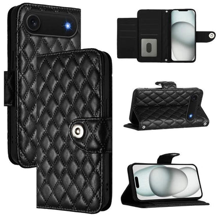 Leather Flip Case With Lanyard For Everyday Phone Use On The Go While You Commute And Run Errands - black quilted PU wallet case with stand and card slots