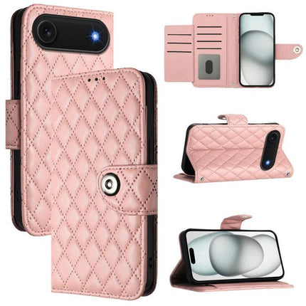 Leather Flip Case With Lanyard For Everyday Phone Use On The Go While You Commute And Run Errands - pink quilted PU wallet case with stand and card slots