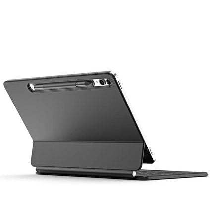 DUX DUCIS MK Series Keyboard Case for Samsung Galaxy Tab S9+ shown attached with slim protective case, keyboard and hands-free stand for typing and viewing
