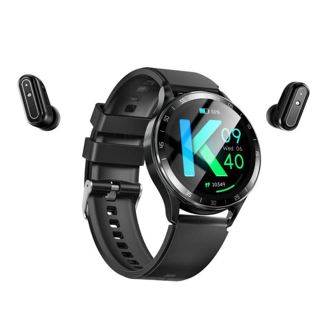 X10 Smart Bracelet for Everyday Connectivity and Wear — black round smartwatch with fitness tracking, heart rate monitor and Bluetooth earbuds