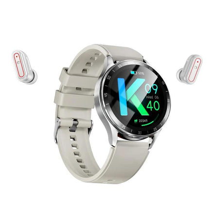 X10 Smart Bracelet for Everyday Connectivity and Wear showing silver round smartwatch with beige strap and Bluetooth earbuds