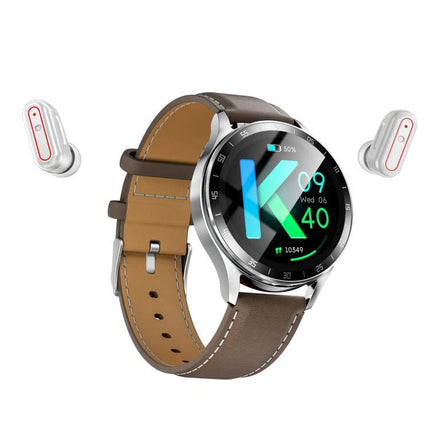 X10 Smart Bracelet for Everyday Connectivity and Wear with leather band showing notifications and paired earbuds