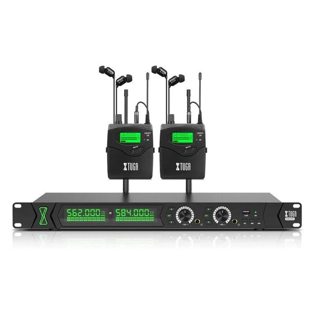 XTUGA In-Ear Monitoring System For Performers On Stage — dual bodypacks with in-ear monitors and UHF rack receiver
