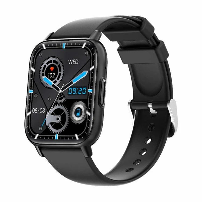 A Practical Smart Watch for Daily Health Monitoring and Fitness showing black smartwatch with heart rate, steps, sleep icons and music control on screen