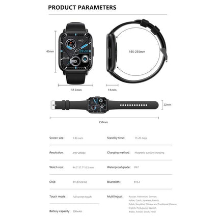 A Practical Smart Watch for Daily Health Monitoring and Fitness product specification diagram showing dimensions, watch face, band and feature summary