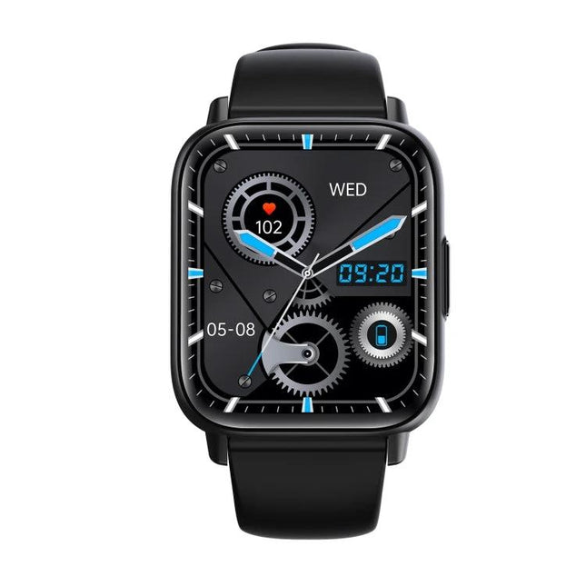 Daily Health Monitoring Watch for Active Lifestyles showing black smartwatch face with heart rate, steps, time and sporty display