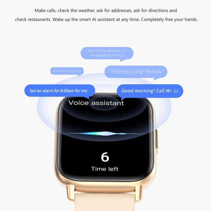 Daily Health Monitoring Watch for Active Lifestyles with voice assistant showing alarm, heart rate and activity tracking on gold smartwatch