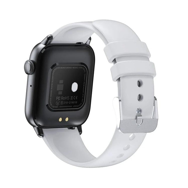 Daily Smart Watch for Everyday Health and Fitness Tracking - white strap watch back view showing heart-rate sensor and charging contacts