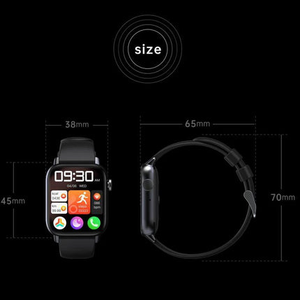 Daily Smart Watch for Everyday Health and Fitness Tracking shown front and side with dimensions 38mm x 45mm display and 65mm strap length