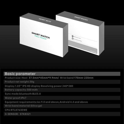 Daily Smart Watch for Everyday Health and Fitness Tracking sleek packaging and product specs shown on black background