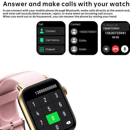 Daily Smart Watch for Everyday Health and Fitness Tracking - pink smartwatch showing dial pad, call history and incoming call screens for hands-free calling
