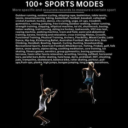 Daily Smart Watch for Everyday Health and Fitness Tracking - black background sports modes list with athletes jumping