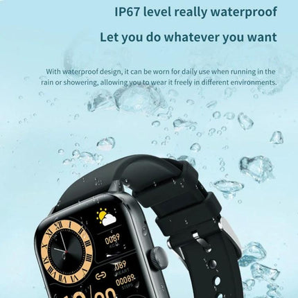 Smart Health Watch for Everyday Fitness and Wellness showing waterproof black smartwatch with activity, heart rate, and sleep icons against water splash background
