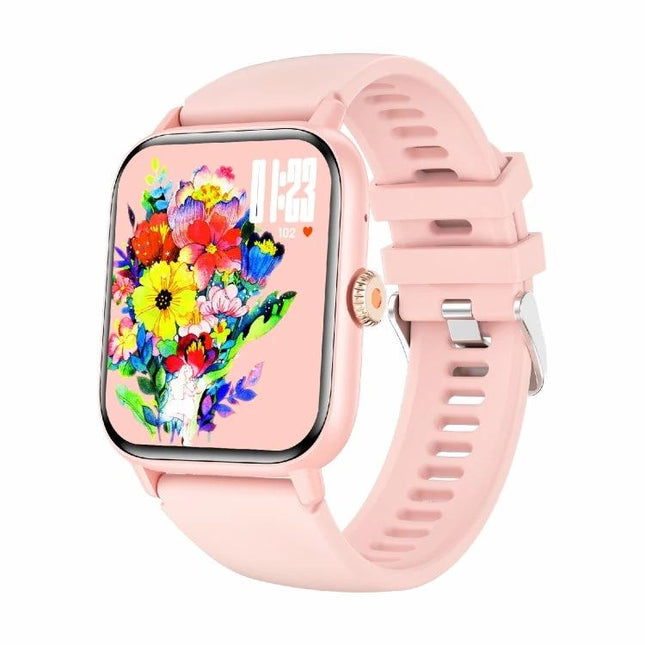 Essential Wearable for Daily Health Tracking and Activities - pink smartwatch showing floral display, heart rate and activity monitoring