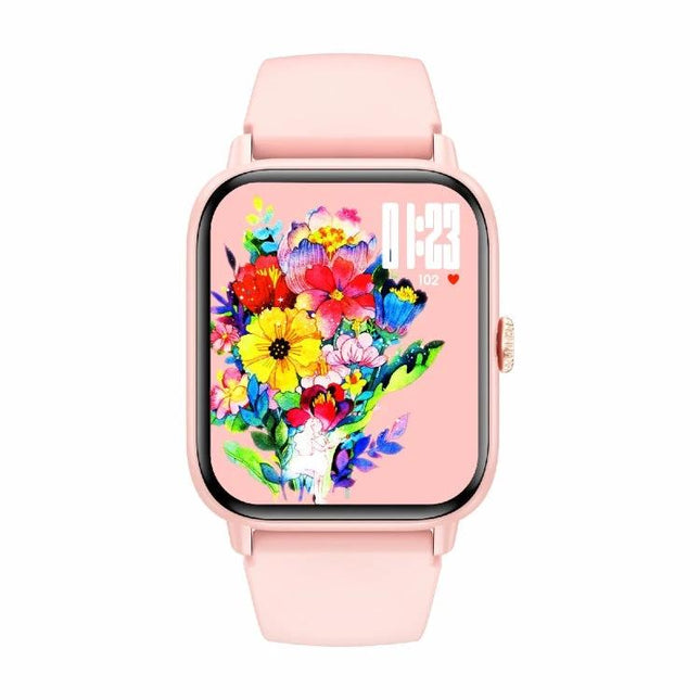 Essential Wearable for Daily Health Tracking and Activities - pink smartwatch showing steps, heart rate and floral watch face