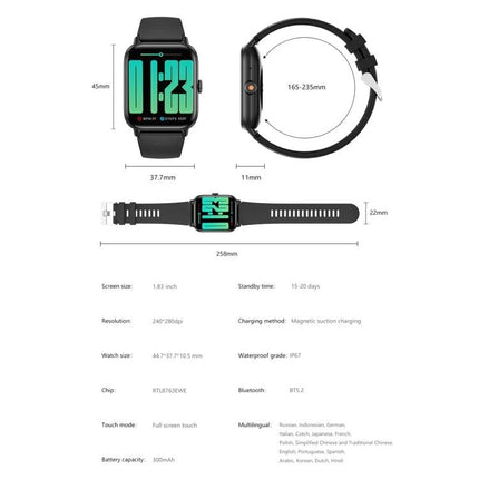 Essential Wearable for Daily Health Tracking and Activities black rectangular smartwatch showing measurements, strap length and specifications