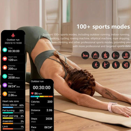 Essential Wearable for Daily Health Tracking and Activities showing smartwatch screens with heart rate, steps, calories and workout modes