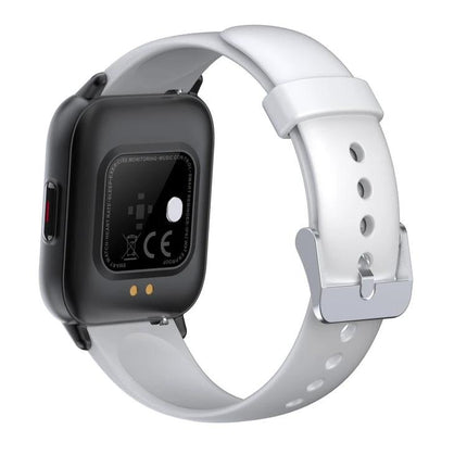 Daily Watch for Tracking Health and Fitness Activities — white band smartwatch shown from rear with heart-rate sensor and charging contacts