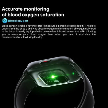 Daily Watch for Tracking Health and Fitness Activities showing blood oxygen monitoring with green sensor light and sleep and heart tracking