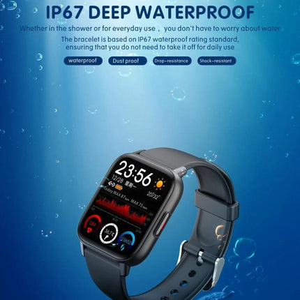 Daily Watch for Tracking Health and Fitness Activities showing IP67 waterproof black fitness smartwatch with heart rate, steps, and sleep monitoring