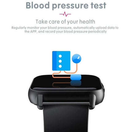Daily Watch for Tracking Health and Fitness Activities showing blood pressure test icon on smartwatch screen, smartphone sync and health monitoring features