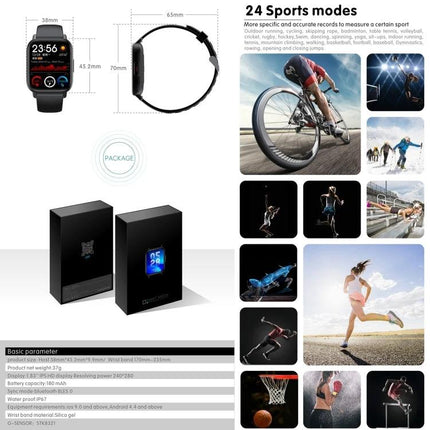Daily Watch for Tracking Health and Fitness Activities showing smartwatch, sports modes, cycling, running, packaging, and measurements
