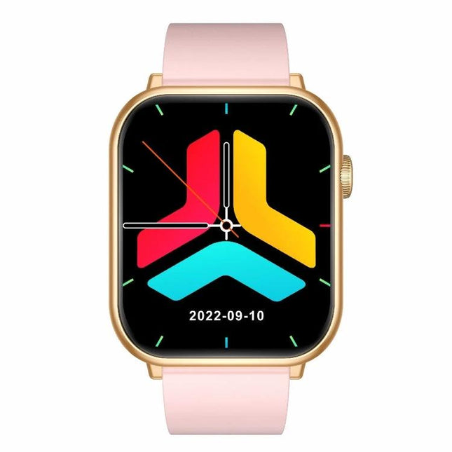 QX9 Watch for Daily Health and Activity Monitoring - pink band gold case with colorful watchface showing date and analog hands
