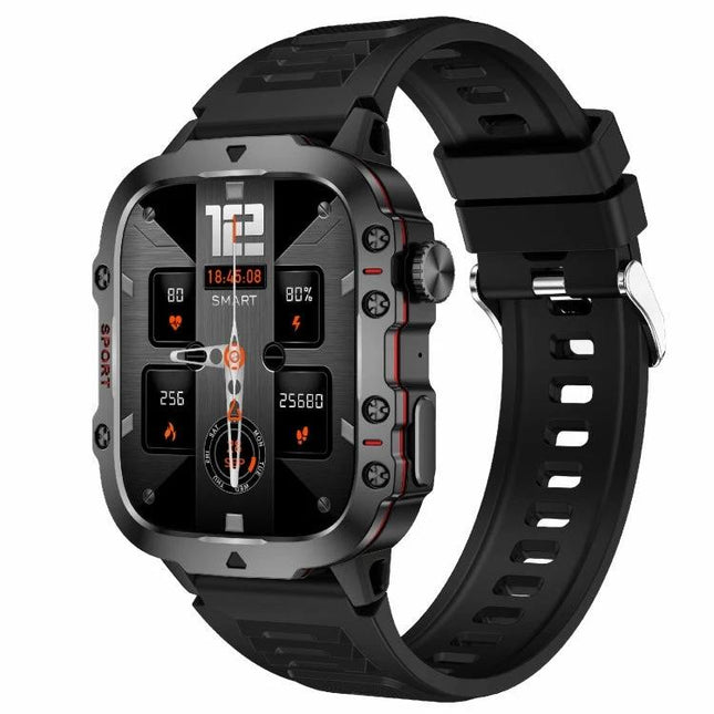 Smart Watch for Everyday Health and Fitness Monitoring showing black rugged timepiece with heart rate and sleep tracking on display