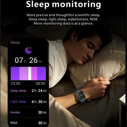 Smart Watch for Everyday Health and Fitness Monitoring showing sleep tracking screen with heart rate and sleep stage breakdown on wrist while user sleeps