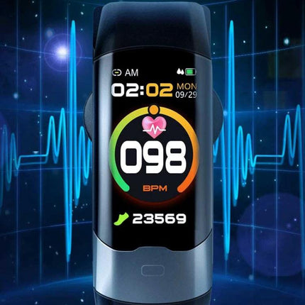 Spovan Bracelet Supports Daily Health Tracking Needs - close-up of fitness tracker screen showing heart rate 098 BPM and step count 23569