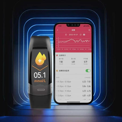 Spovan Bracelet Supports Daily Health Tracking Needs - black wearable showing 5.1 mmol/L and smartphone app glucose chart