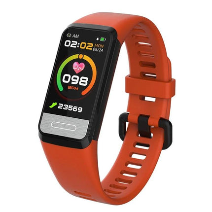 SPOVAN Smart Bracelet for Daily Health and Activity Tracking - orange fitness tracker showing heart rate 098 BPM, steps and time