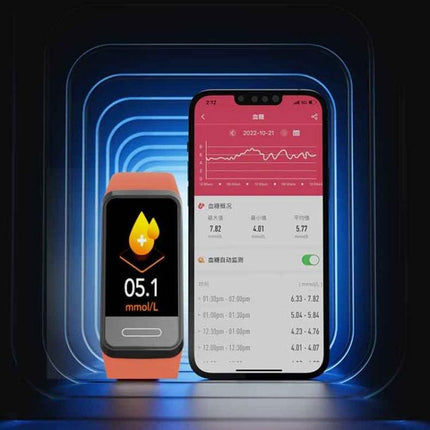 SPOVAN Smart Bracelet for Daily Health and Activity Tracking - orange fitness band showing blood glucose and companion app graph