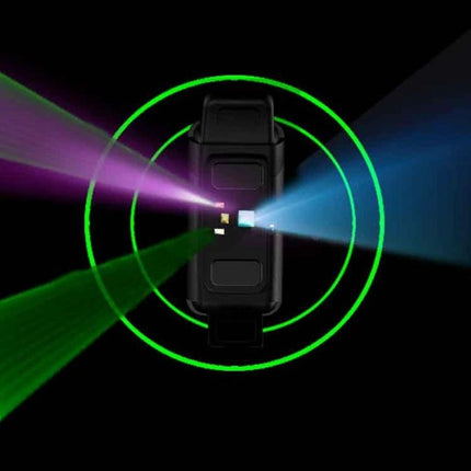 SPOVAN Smart Bracelet for Daily Health and Activity Tracking showing sensor light beams and green tracking rings