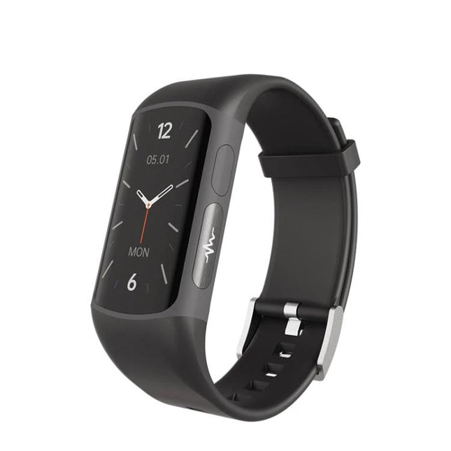 SPOVAN Bracelet for Daily Health and Activity Tracking showing black fitness band with heart rate, step and sleep monitoring display