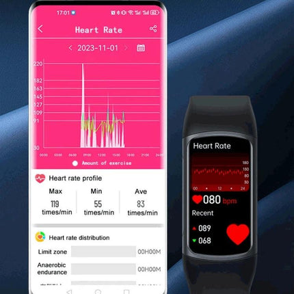 SPOVAN Bracelet for Daily Health and Activity Tracking showing heart rate graph on phone app and 080 bpm on the wearable display