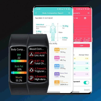 SPOVAN Bracelet for Daily Health and Activity Tracking showing heart rate, blood oxygen, steps, sleep and app reports