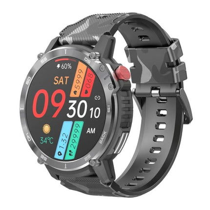 Essential Smart Watch for Everyday Health and Activity Tracking - rugged camo smartwatch showing time, steps, heart rate and temperature