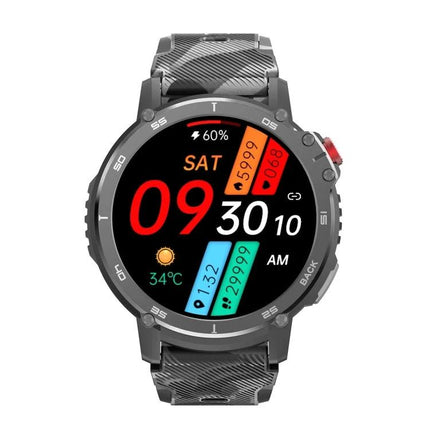 Essential Smart Watch for Everyday Health and Activity Tracking - rugged smartwatch showing time, steps, heart rate, temperature and activity icons