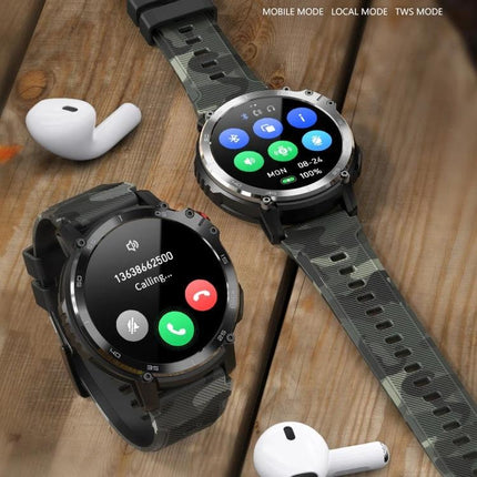 Essential Smart Watch for Everyday Health and Activity Tracking — camo smartwatch showing call, apps, heart rate icons and earbuds on wooden table