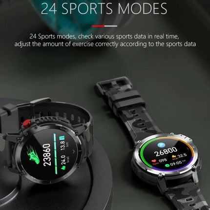 Essential Smart Watch for Everyday Health and Activity Tracking — dual round-screen smartwatches showing step count, heart rate, and sports modes