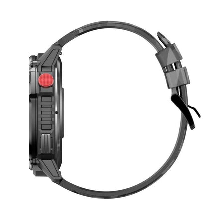 Essential Smart Watch for Everyday Health and Activity Tracking - side view of black fitness watch with red button and silicone strap