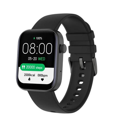 Daily Watch for Fitness Tracking and Health Monitoring - black smartwatch showing steps, heart rate, calories and time, silicone strap