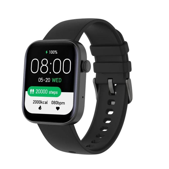 Daily Watch for Fitness Tracking and Health Monitoring - black smartwatch showing steps, heart rate, calories and time, silicone strap