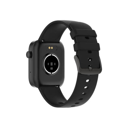 Daily Watch for Fitness Tracking and Health Monitoring - black smartwatch rear view with silicone strap showing heart rate sensor and charging contacts